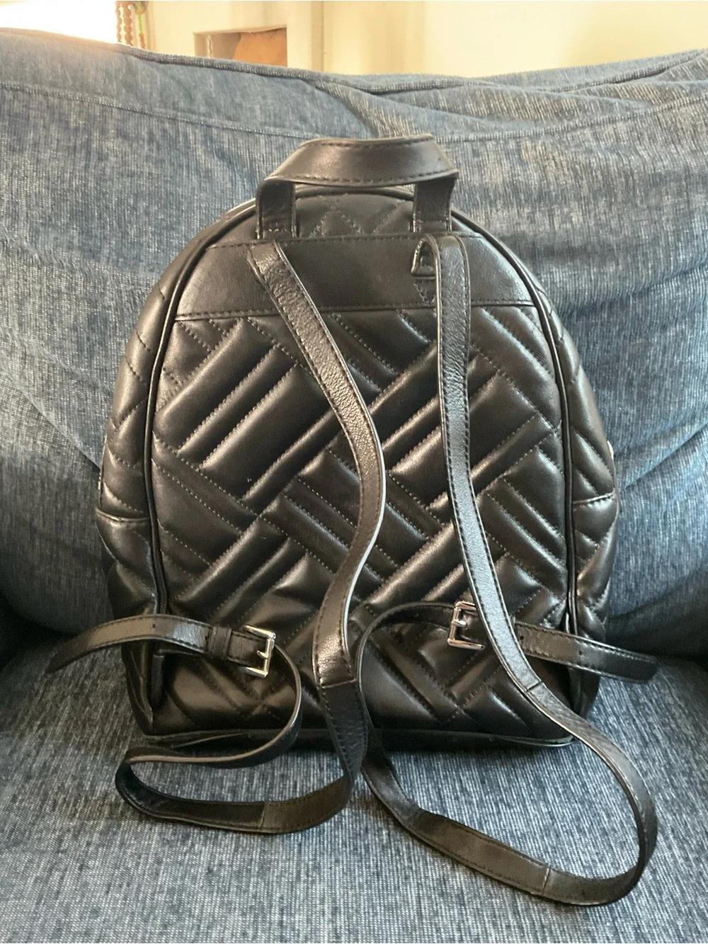 Michael Kors Abbey Black Quilted Leather Backpack - silver hardware